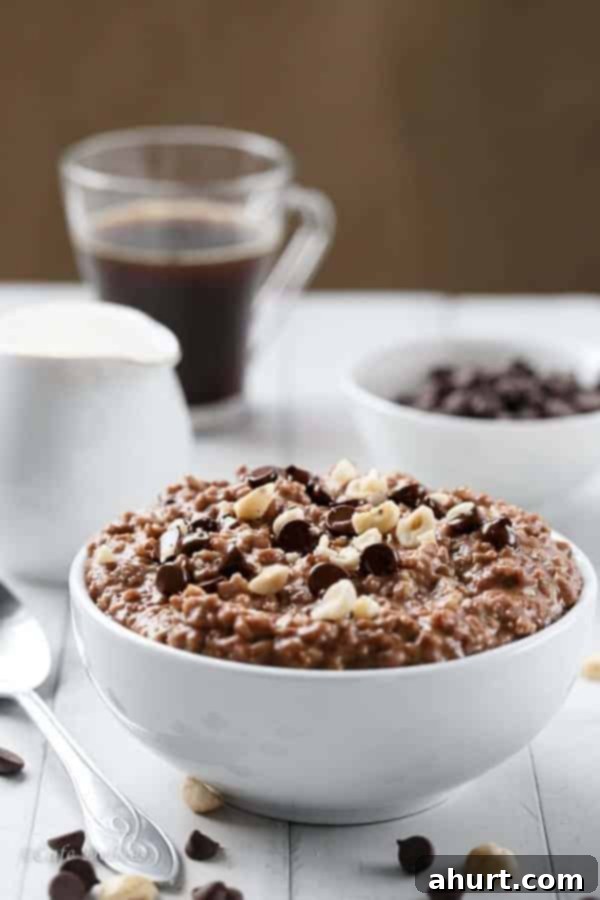 Side view image of Nutella Hot Chocolate Oatmeal porridge in a bowl