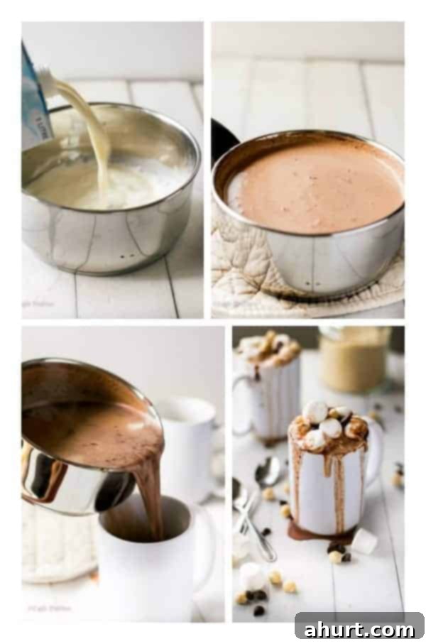 Collage on step by step image on Nutella Hot Chocolate Oatmeal porridge