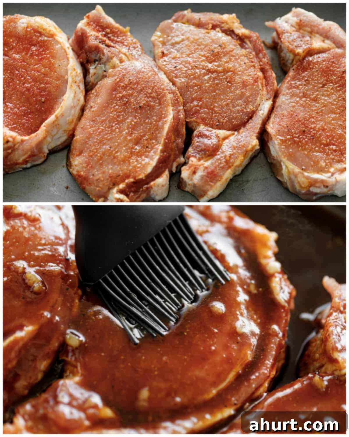 Tender Baked BBQ Pork Chops 4 A collage showing the step-by-step process of how to bake BBQ pork chops in the oven, from seasoning to saucing.
