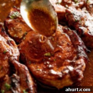 Tender Baked BBQ Pork Chops 6 Zoom in image of a silver spoon pouring thin brown sauce over BBQ baked pork chops.