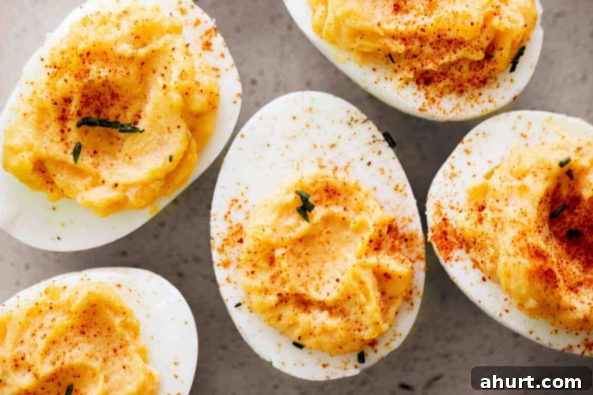 Timeless Deviled Eggs 11 Classic Deviled Eggs lightly dusted with paprika and topped with extra chopped chives on a white plate.