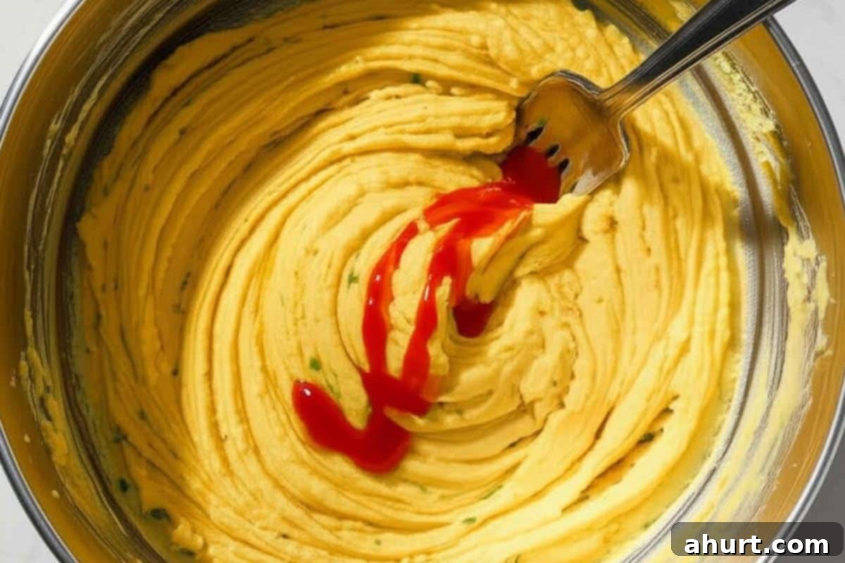 Timeless Deviled Eggs 9 Close-up of the creamy deviled egg mixture in a bowl, with a small amount of Tabasco sauce visible.