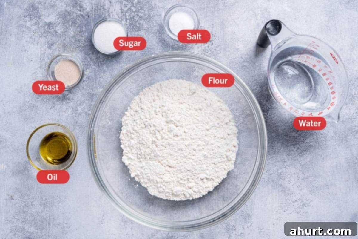 Effortless Artisan Crust: No-Knead Perfection 3 Image of all the ingredients needed for the preparation of this recipe, specifically: flour, oil, yeast, sugar, salt, and water