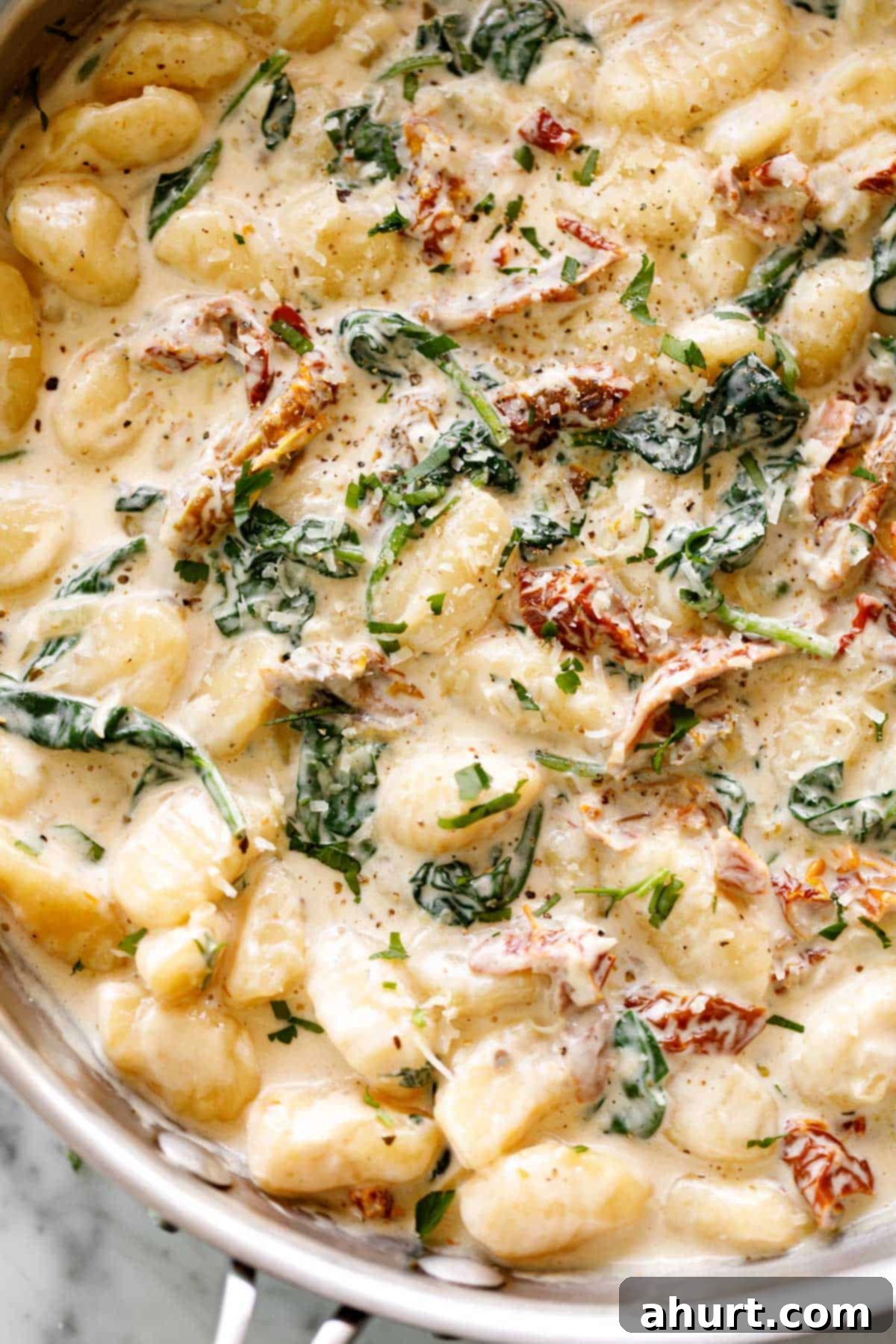 Dreamy Creamy Tuscan Gnocchi 2 Close-up image of delicious potato gnocchi in a pan soaked in Tuscan sauce.