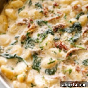 Dreamy Creamy Tuscan Gnocchi 11 Creamy Gnocchi in a skillet with a creamy sun dried tomato sauce.