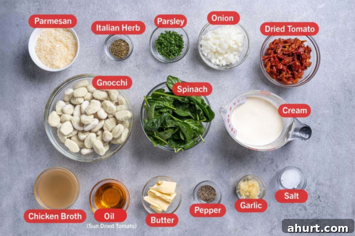 Dreamy Creamy Tuscan Gnocchi 3 Image of all ingredients needed for the preparation of this recipe, specifically: gnocchi, spinach, cream, chicken broth, oil, butter, pepper, garlic, salt, parmesan, italian herb, parsley, onion, dried tomato.