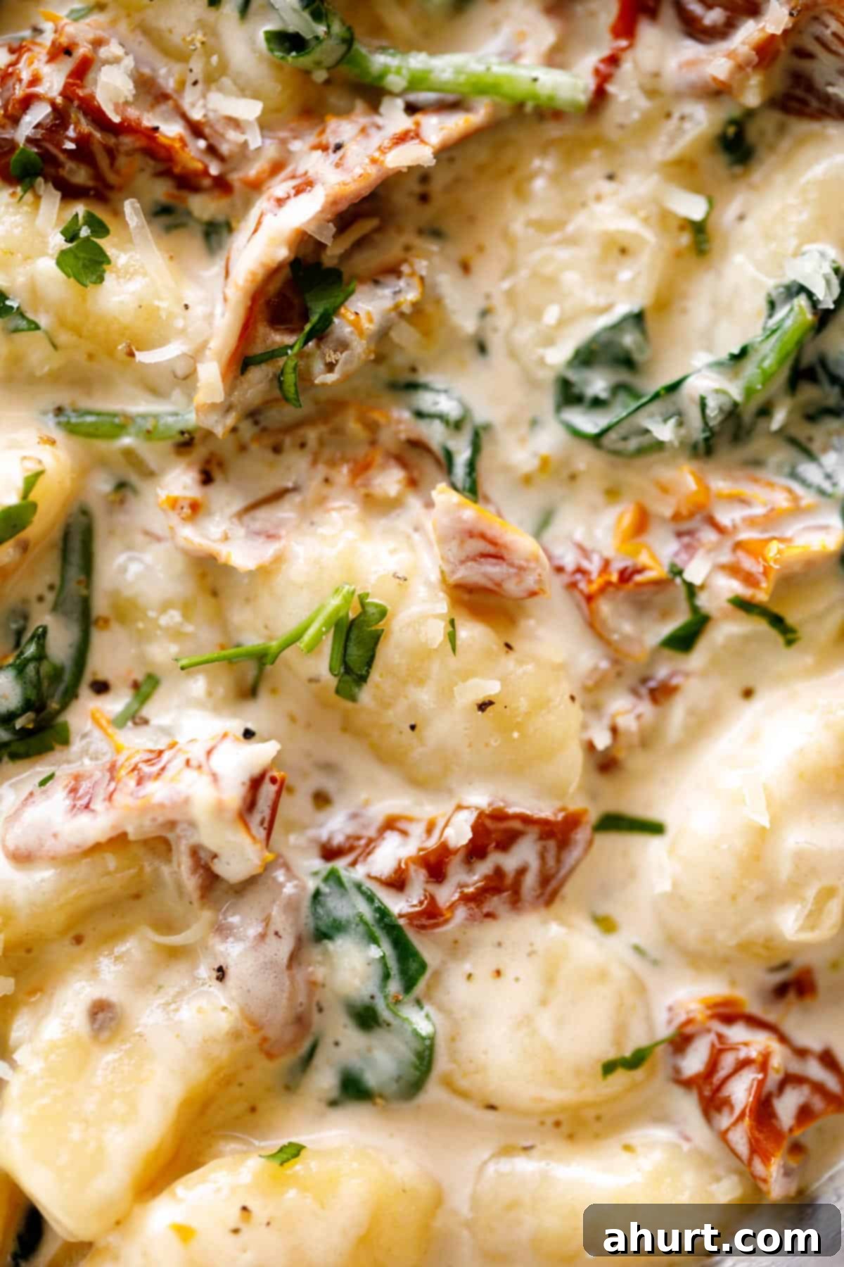 Dreamy Creamy Tuscan Gnocchi 10 A close up image of creamy gnocchi.