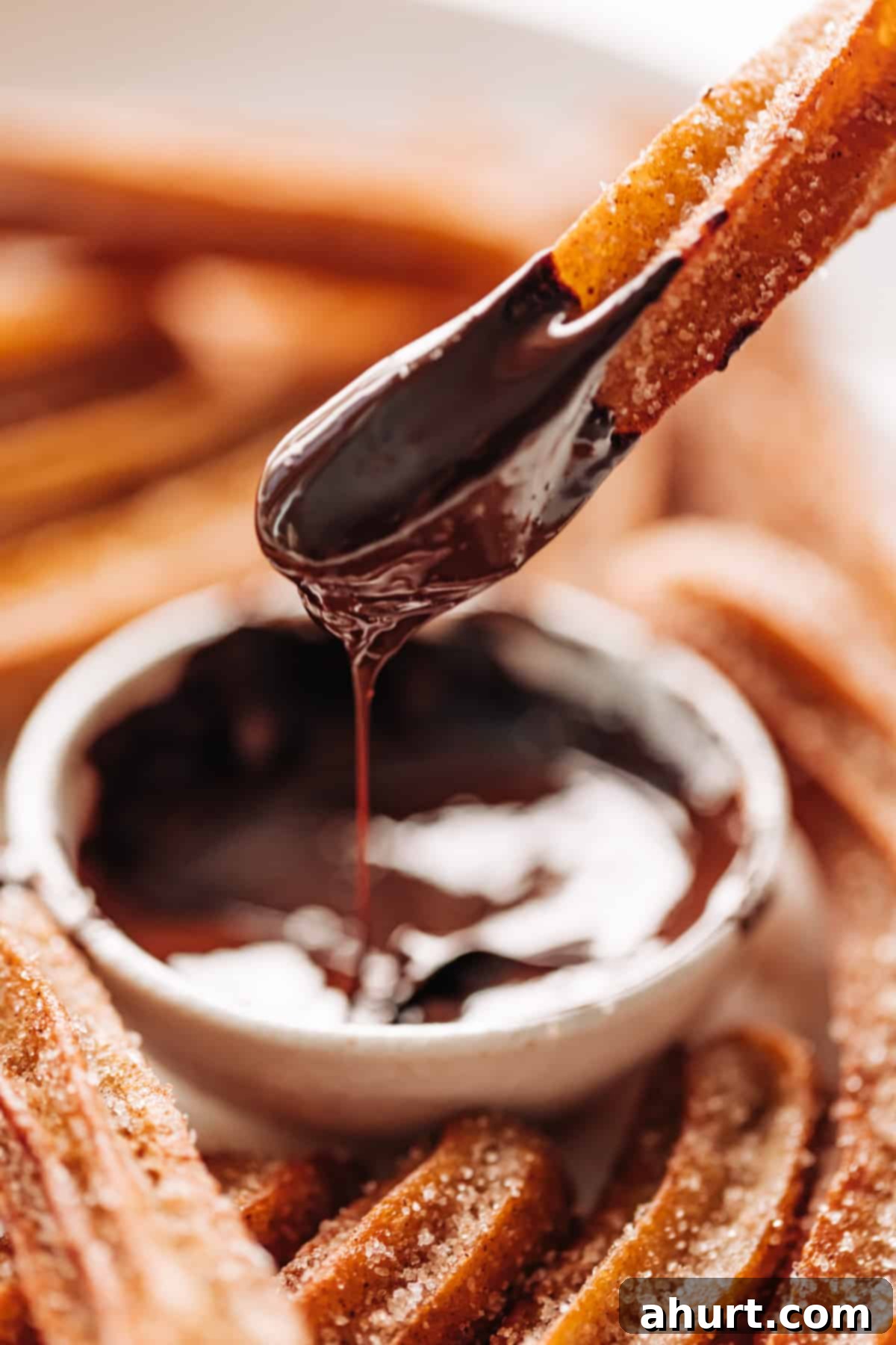 The Ultimate Churros Recipe 10 Close-up image of a churro being dipped in chocolate sauce