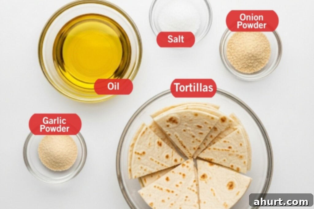 Golden Tortilla Crisps 3 Ingredients for fried tortilla chips: tortillas, oil, salt, garlic powder, onion powder.