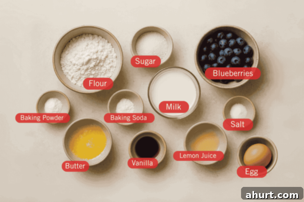 Morning Blueberry Bliss 3 Overhead photo of labeled ingredients for Blueberry Pancakes, arranged in small bowls on a neutral surface. Labels include: All-Purpose Flour, Granulated Sugar, Baking Powder, Baking Soda, Salt, Milk, Melted Butter, Vanilla Extract, Lemon Juice, Egg, and Blueberries.