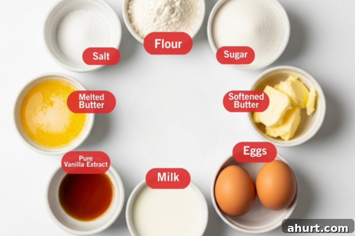 Effortlessly Delicious Crepes 3 Flat lay photo of flour, sugar, softened butter, eggs, milk, pure vanilla extract, melted butter, salt