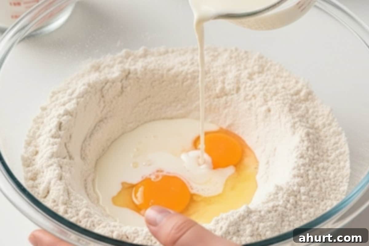 Effortlessly Delicious Crepes 5 Make a well in the center and pour in the milk, eggs, and melted butter.