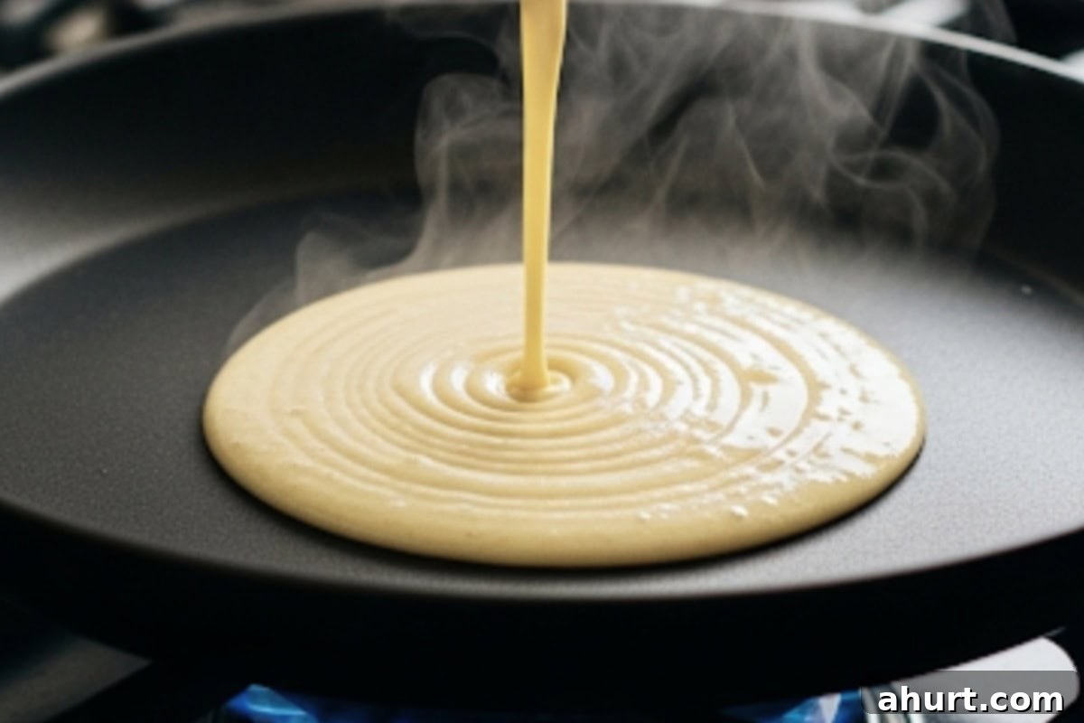 Effortlessly Delicious Crepes 8 Pour 1/4 cup of batter into the pan, swirling to coat the bottom evenly.