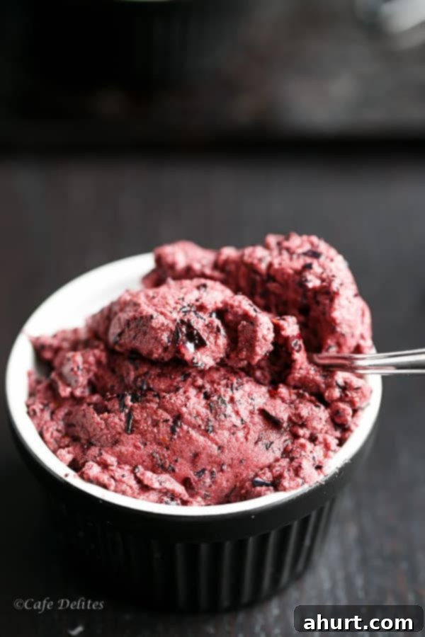 A beautifully presented bowl of Instant Blueberry Frozen Yogurt, garnished with fresh blueberries, ready to be enjoyed.