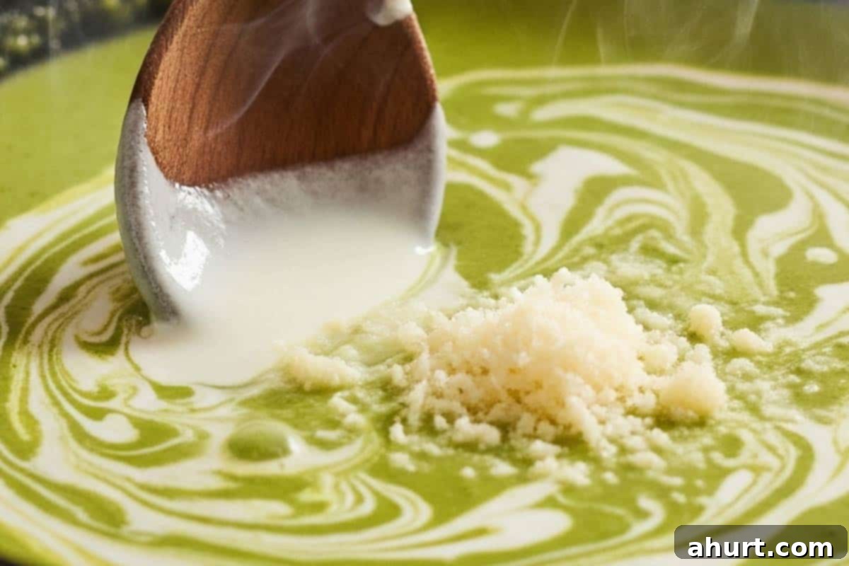 Velvet Asparagus Soup 8 Stirred in the cream and parmesan.
