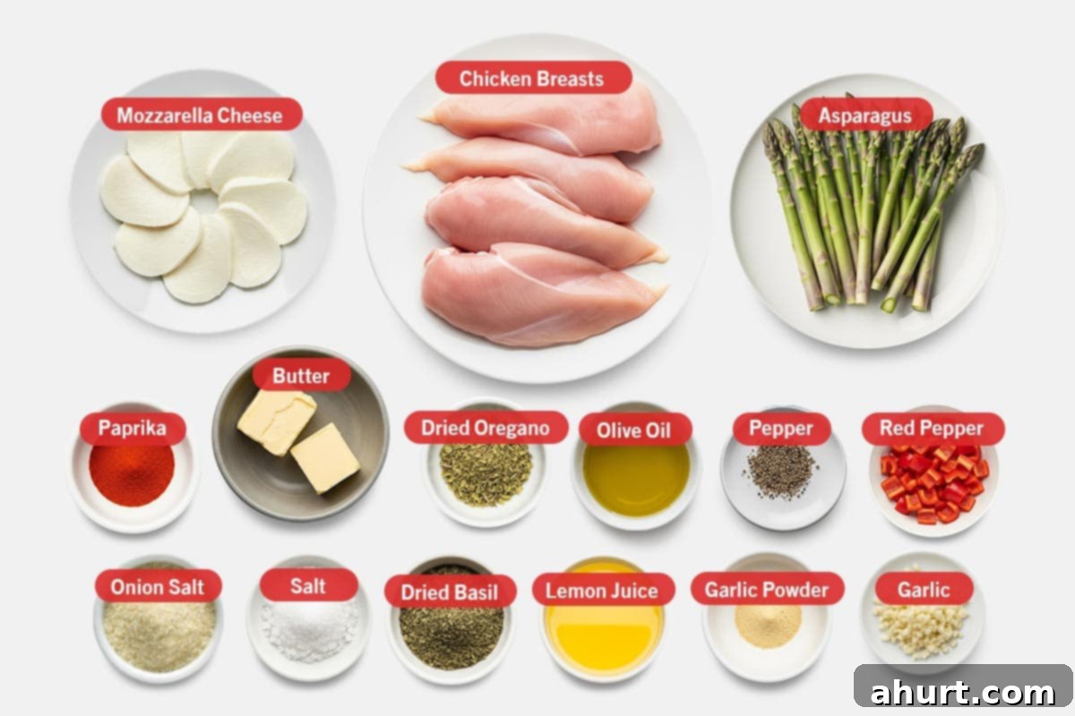 Savory Asparagus Stuffed Chicken Breasts 3 Top shot of ingredients: Mozzarella cheese, chicken breasts, asparagus, paprika, butter, dried oregano, olive oil, pepper, red pepper, onion salt, salt, dried basil, lemon juice, garlic powder, and garlic.