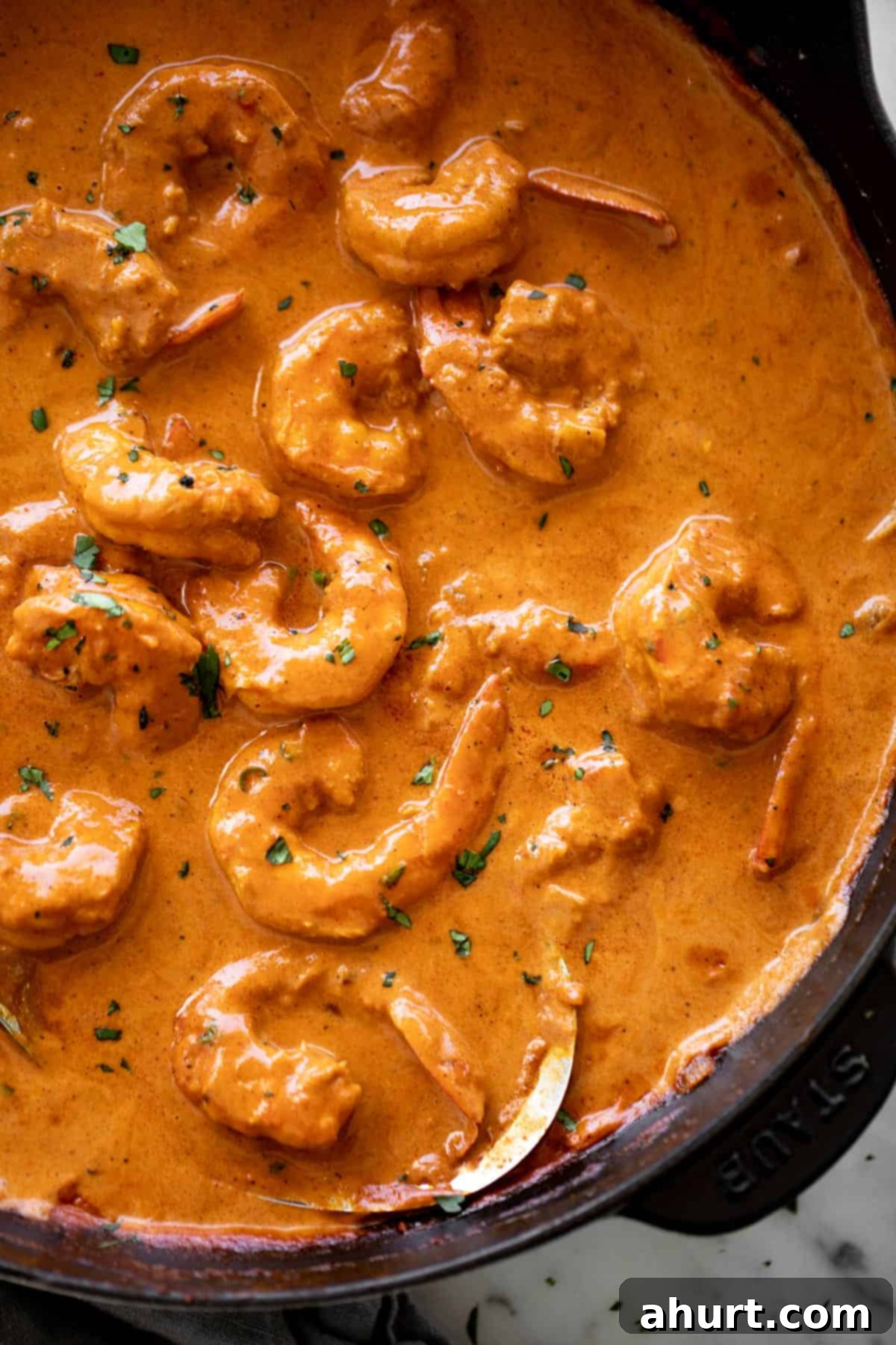 Creamy Coconut Shrimp Curry 2 A flavor-filled shrimp curry with an aromatic coconut curry sauce cooks in no time from scratch! Shrimp curry in a black skillet with a metal serving spoon.