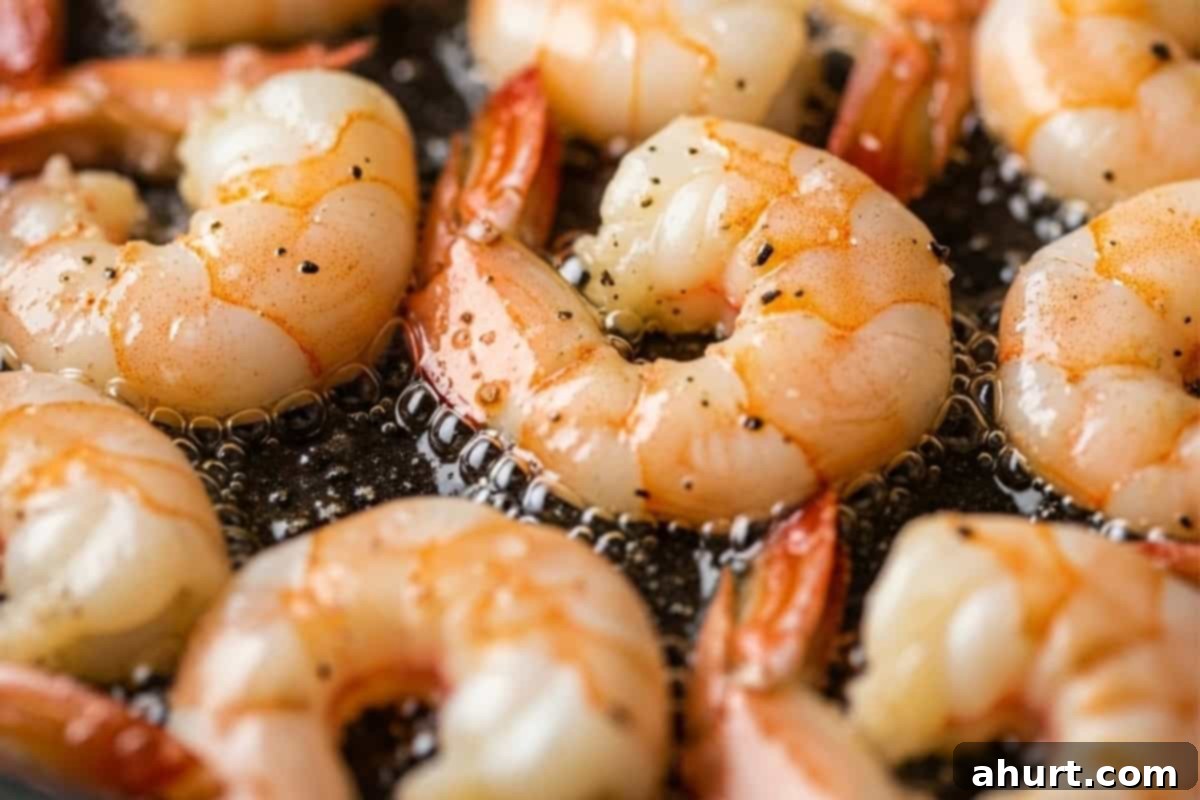 Perfect Garlic Butter Shrimp 4 Heat olive oil in a skillet and add shrimp, salt and pepper to sear until just pink on both sides.