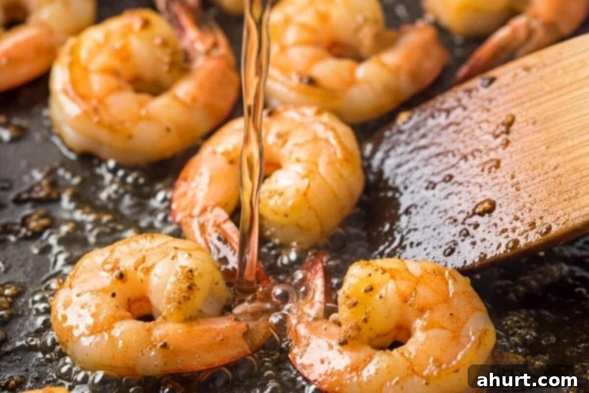 Perfect Garlic Butter Shrimp 5 Pour in white wine to deglaze the pan, scraping up all the delicious browned bits.