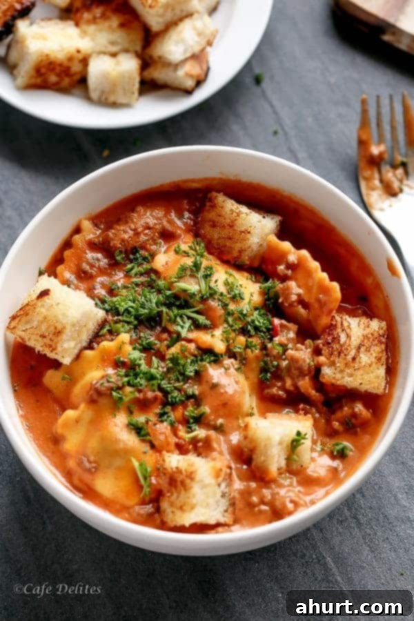 An overhead view of a bowl filled with One Pot Creamy Tomato Beef Ravioli, showcasing the vibrant red sauce, plump ravioli, and a sprinkle of fresh green herbs.