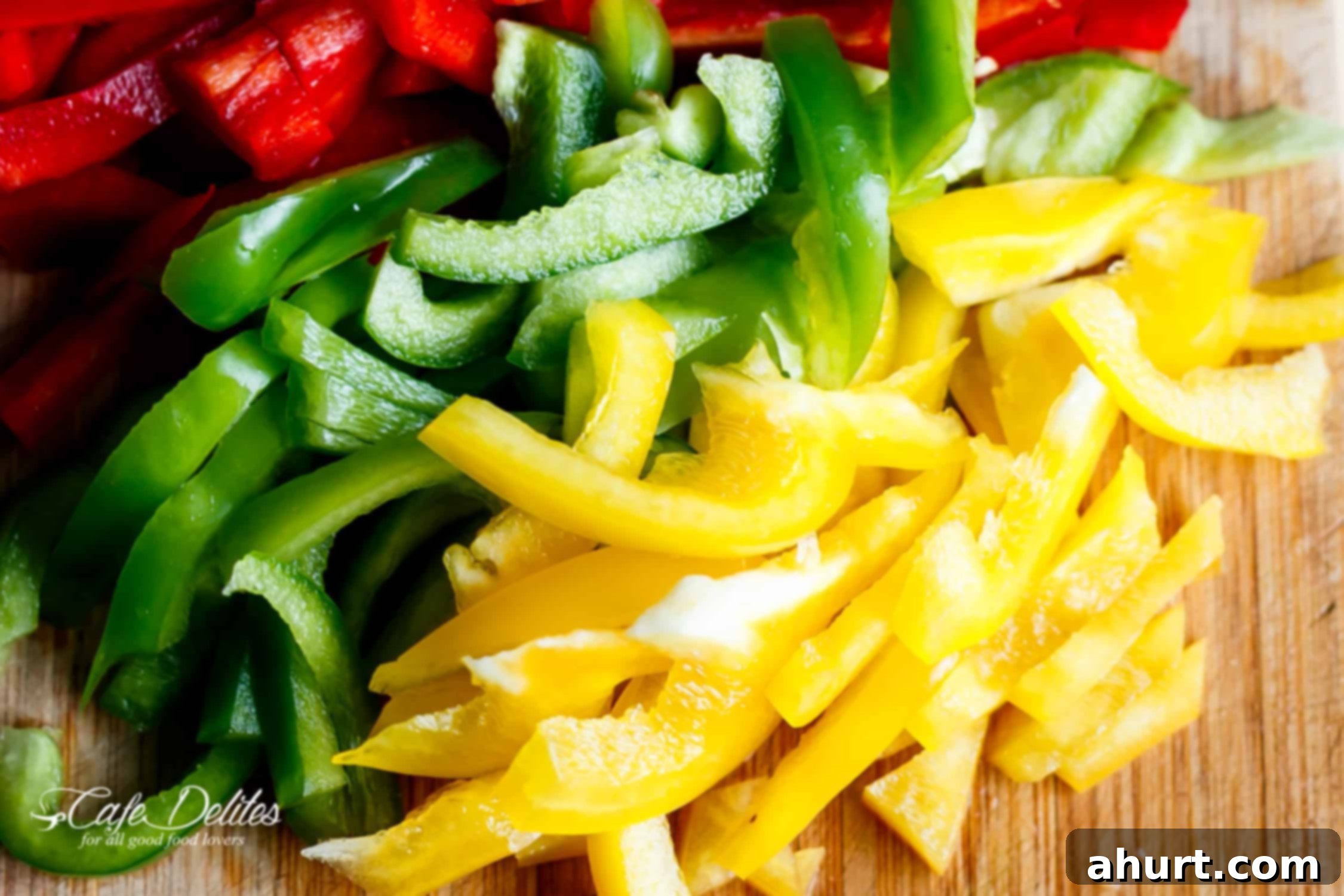 Slices of red, yellow and green bell peppers