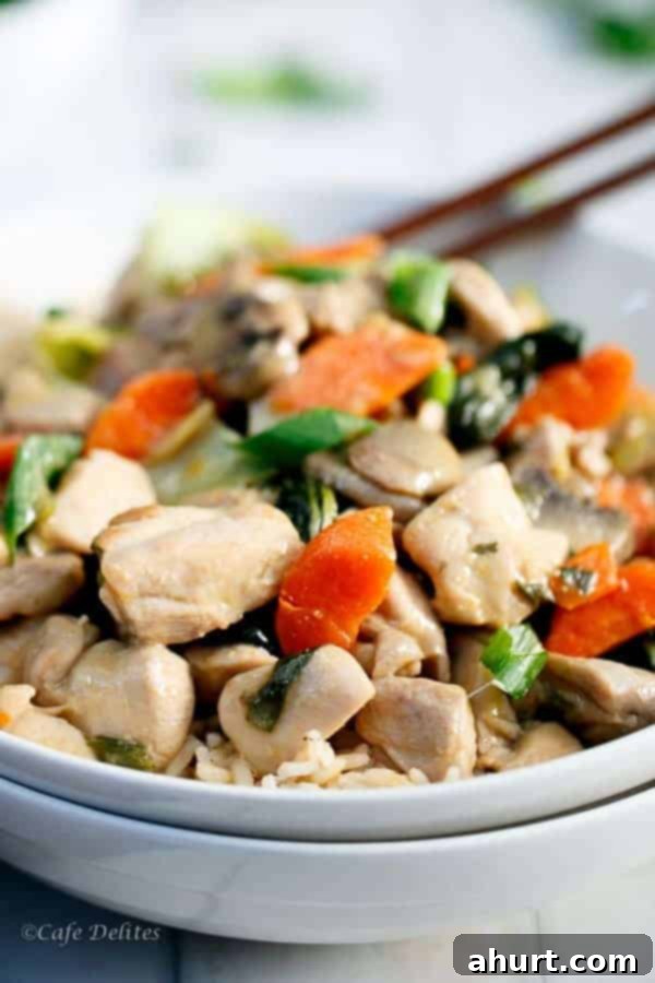 Extreme close-up of Honey Mustard Chicken Stir Fry, showing the sauce coating the chicken and vegetables