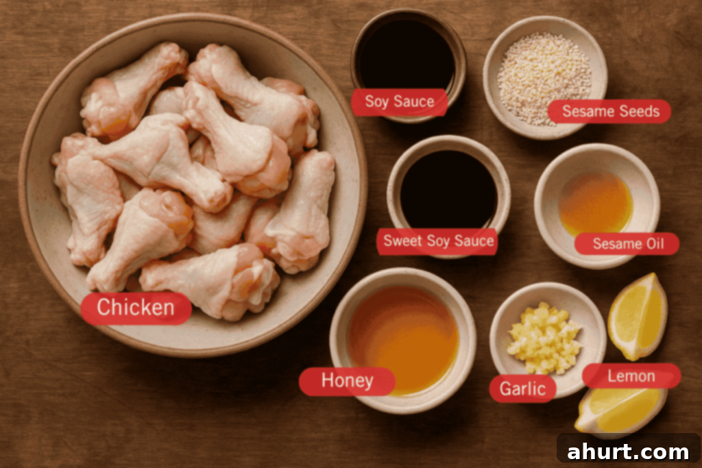 Honey Sesame Glazed Chicken 3 Labeled flatlay of ingredients for honey sesame chicken, including chicken drumettes, soy sauce, sweet soy sauce, honey, sesame oil, garlic, sesame seeds, and lemon wedges.