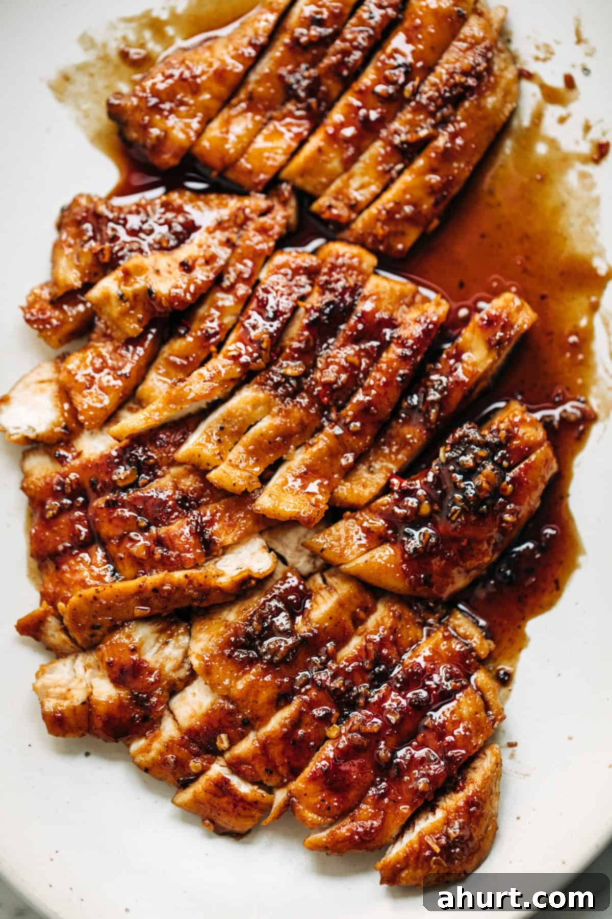 Fiery Honey Glazed Chicken 2 Chicken breasts sliced and coated in a hot honey butter sauce.