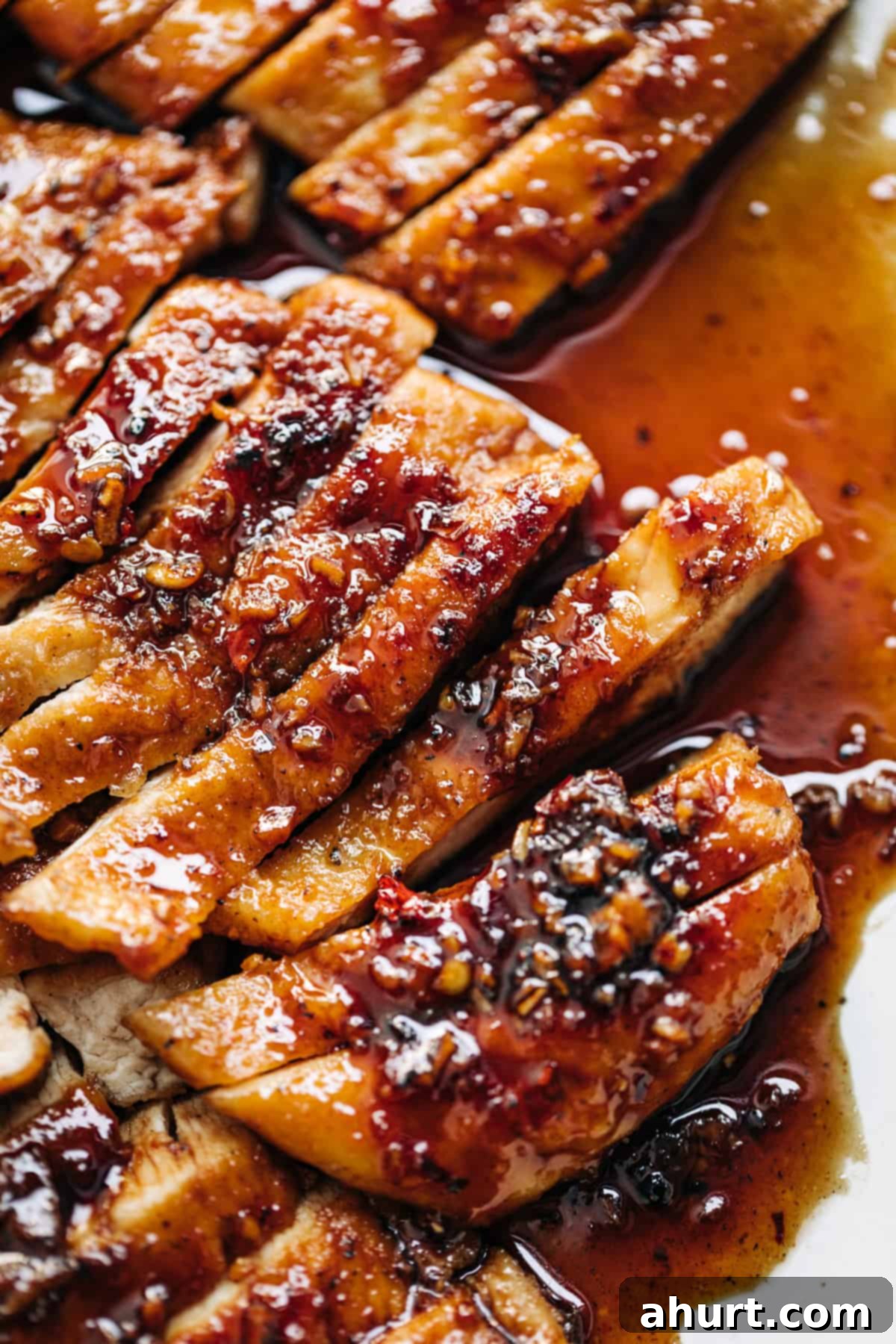 Fiery Honey Glazed Chicken 8 Hot honey butter sauce coating sliced chicken breast.