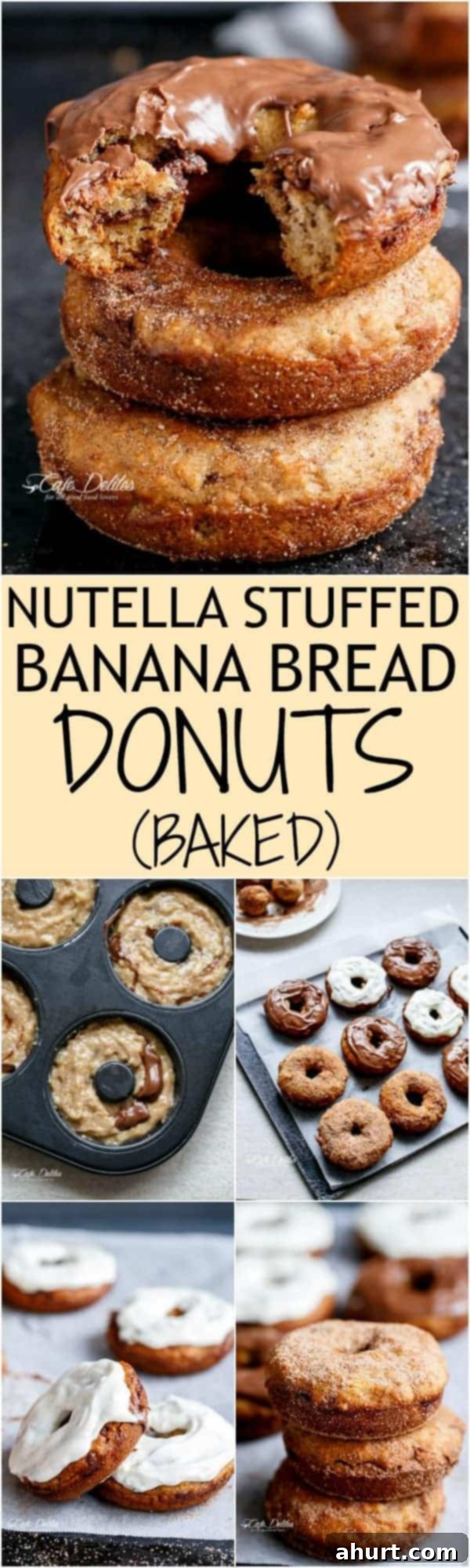 Warm Banana Bread Doughnuts, Bursting with Nutella 11 PIN image of Nutella Stuffed Baked Banana Bread Donuts