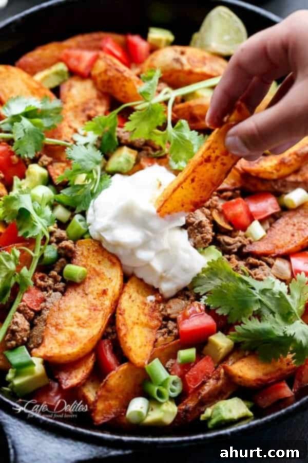 Chipotle Mexican Beef Wedges 6 Potato wedges being dipped into thick cream sauce