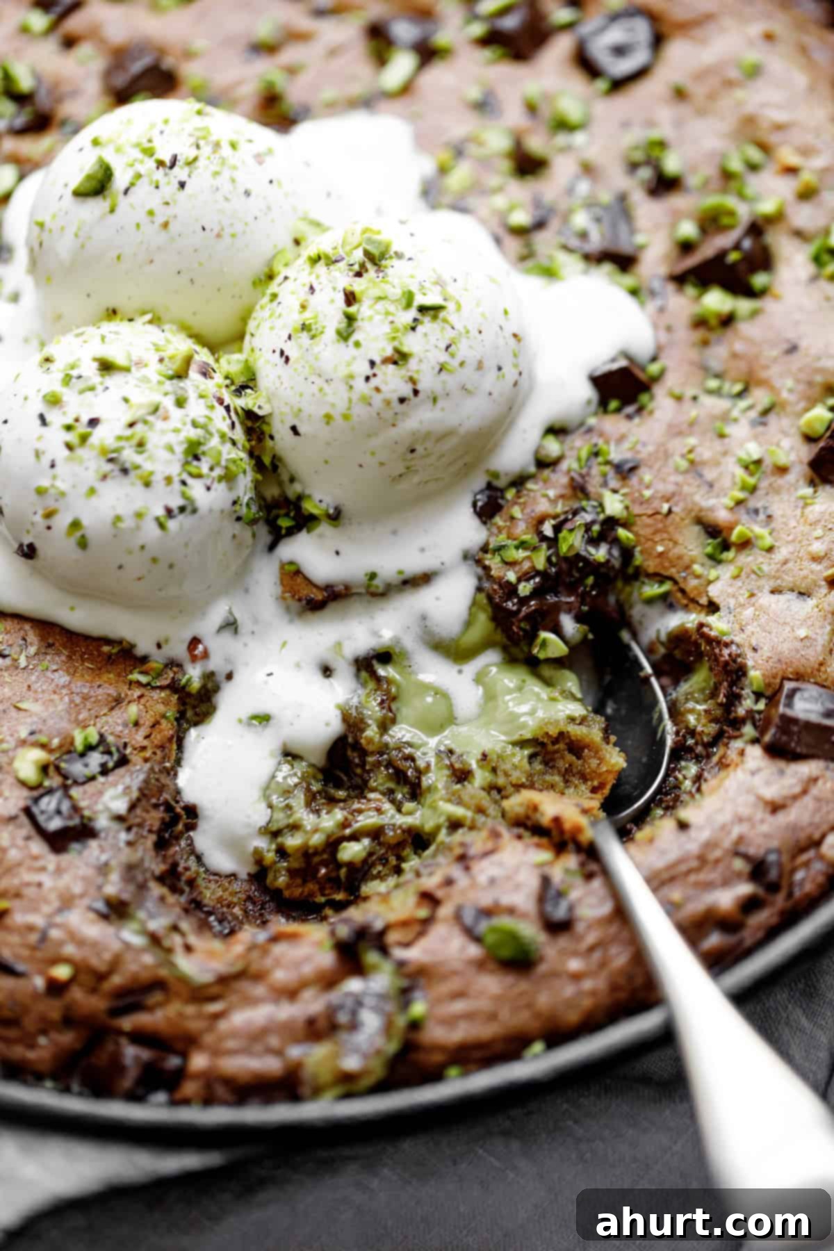 Pistachio Chocolate Chip Skillet Cookie 12 Close-up image of a spoon scooping a portion of warm pistachio skillet cookie, served with a generous scoop of vanilla ice cream, and drizzled with melted chocolate.