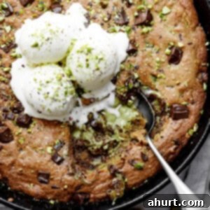 Pistachio Chocolate Chip Skillet Cookie 13 Close-up image of a spoon lifting a portion of warm pistachio cookie from a skillet, served with vanilla ice cream and topped with chocolate sauce.