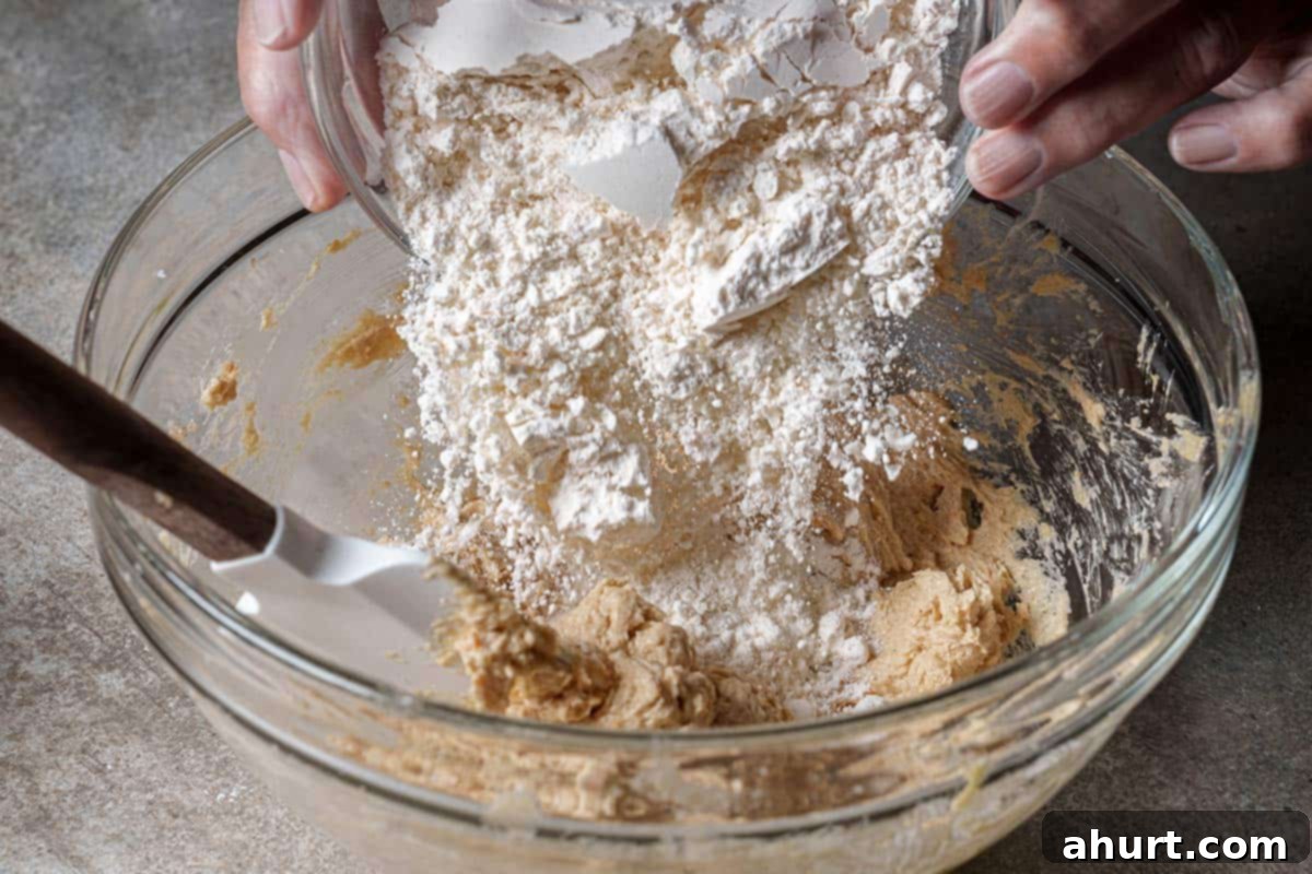 Pistachio Chocolate Chip Skillet Cookie 6 Step 3: Add plain flour, baking soda, and salt to the wet ingredients and mix until just combined, being careful not to overmix.