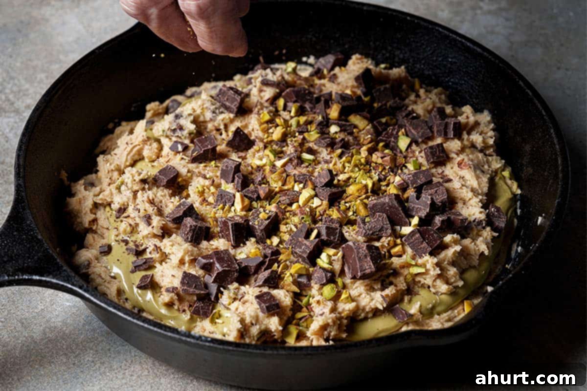 Pistachio Chocolate Chip Skillet Cookie 10 Step 7: Spread melted pistachio cream over the cookie dough, leaving a 1-inch border. Top with remaining dough, smooth it, and sprinkle with remaining chocolate chips and pistachios.