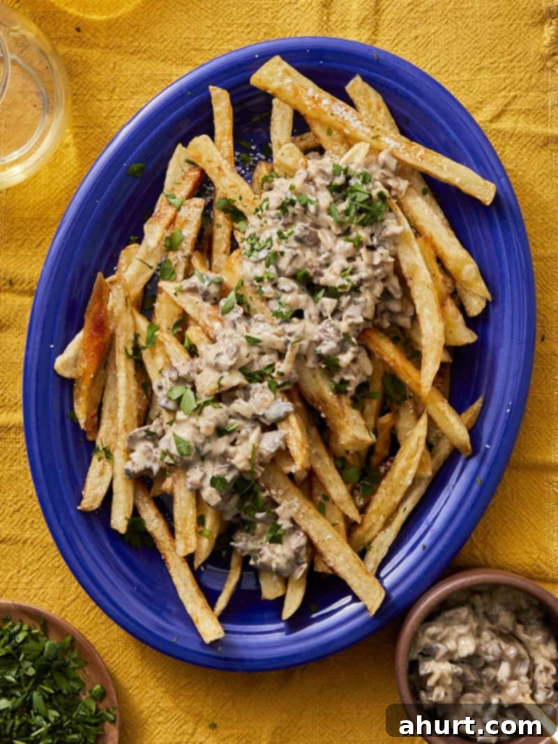 Handcrafted Truffle Fries 2 Crispy golden fries topped with a rich mushroom truffle sauce and grated Parmesan cheese, served in a blue bowl.