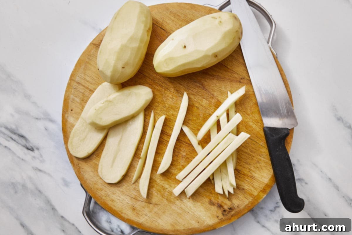 Handcrafted Truffle Fries 7 Potatoes expertly cut into uniform fry strips on a wooden cutting board.
