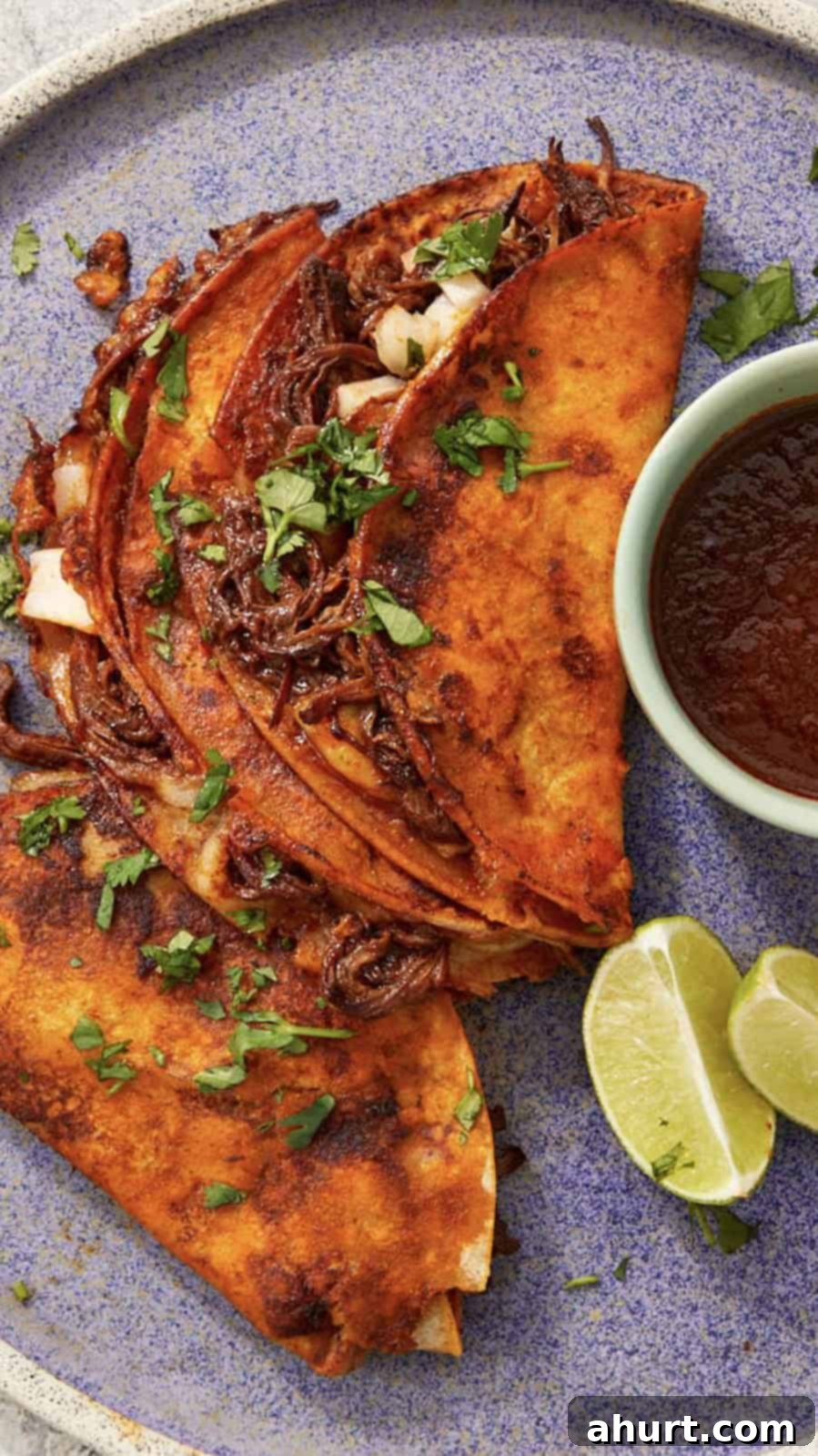 Birria Tacos Simplified 2 Three Birria Tacos served on a light blue plate with a small bowl of caldo