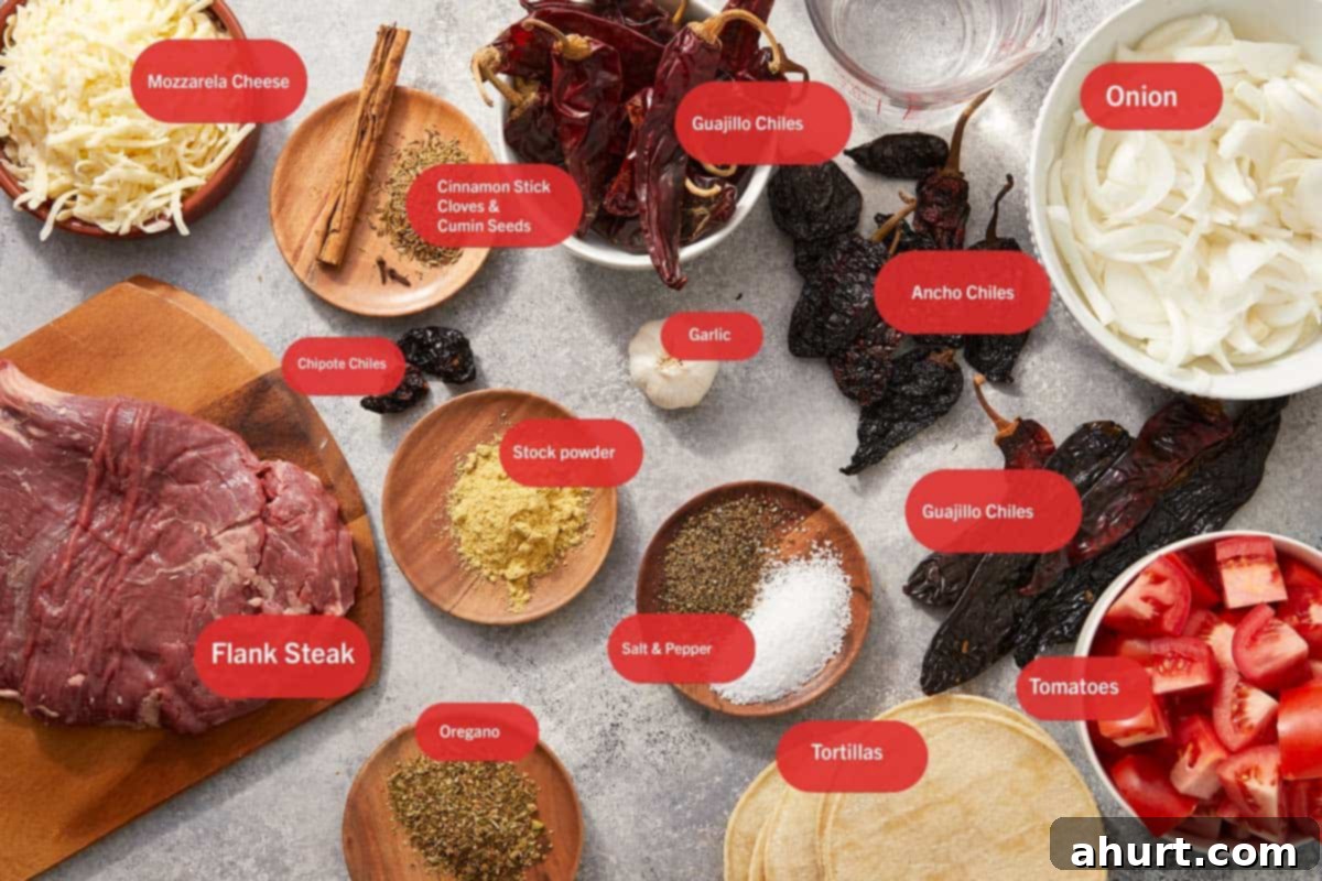 Birria Tacos Simplified 3 Flat lay of key birria taco ingredients. All labeled and arranged on a stone background.