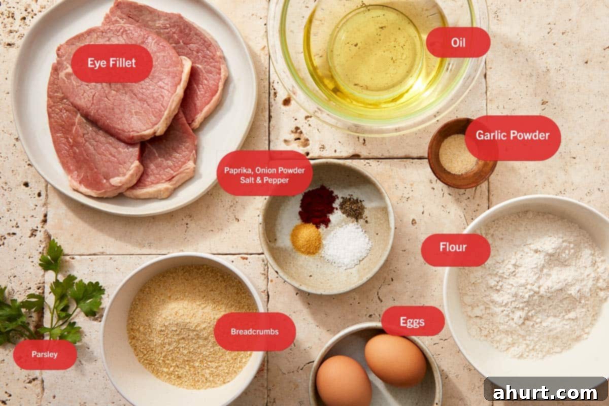 The Ultimate Beef Milanesa Experience 3 Raw eye fillet steaks, eggs, flour, breadcrumbs, and spices arranged on a wooden board for beef milanesa, labeled