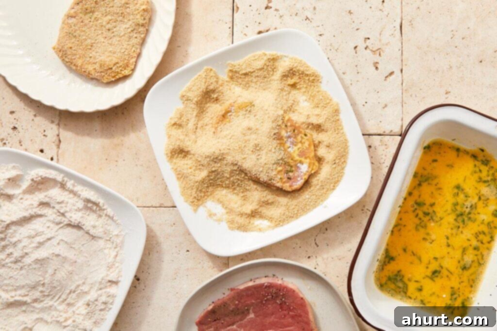 The Ultimate Beef Milanesa Experience 6 Thin beef slices being breaded step-by-step: flour, egg wash, and breadcrumbs