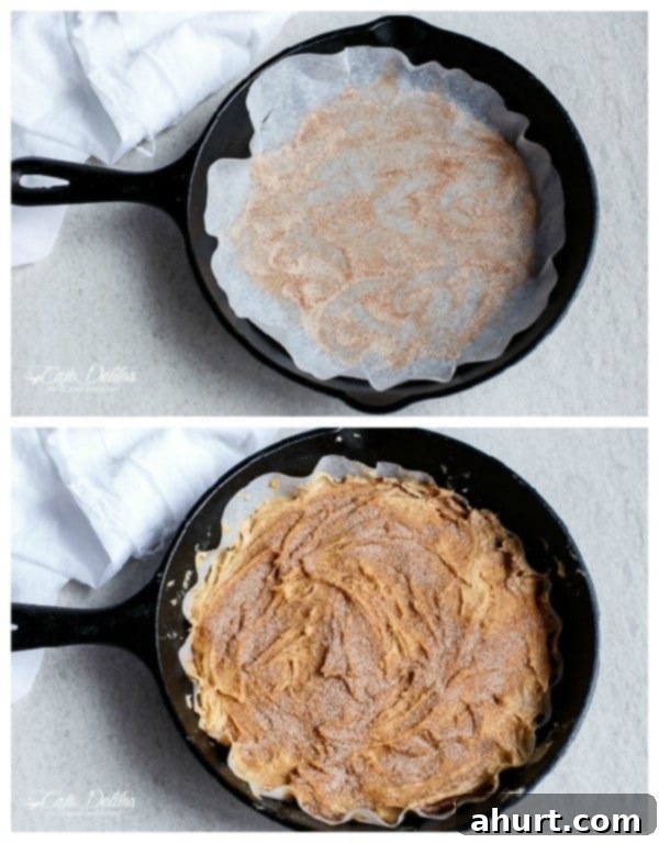 Collage showing steps to make Nutella Stuffed Churro Deep Dish Skillet Cookie, including cinnamon sugar and Nutella spreading