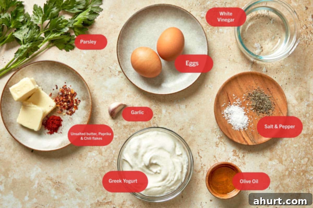 Cilbir Turkish Eggs 3 Ingredients for Cilbir, including Greek yogurt, eggs, garlic, butter, chili flakes, paprika, olive oil, vinegar, parsley, and seasoning.