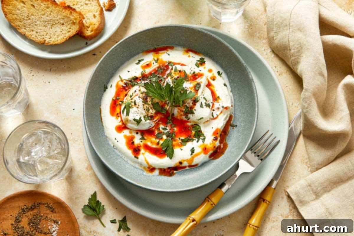 Cilbir Turkish Eggs 9 Finished Cilbir topped with herbs, chili butter, and served with crusty bread.