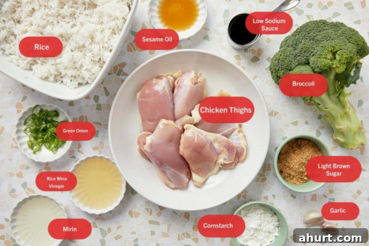 Crispy Air Fryer Teriyaki Chicken Thighs 3 Labeled ingredients for air fryer teriyaki chicken arranged on a mosaic tile surface.