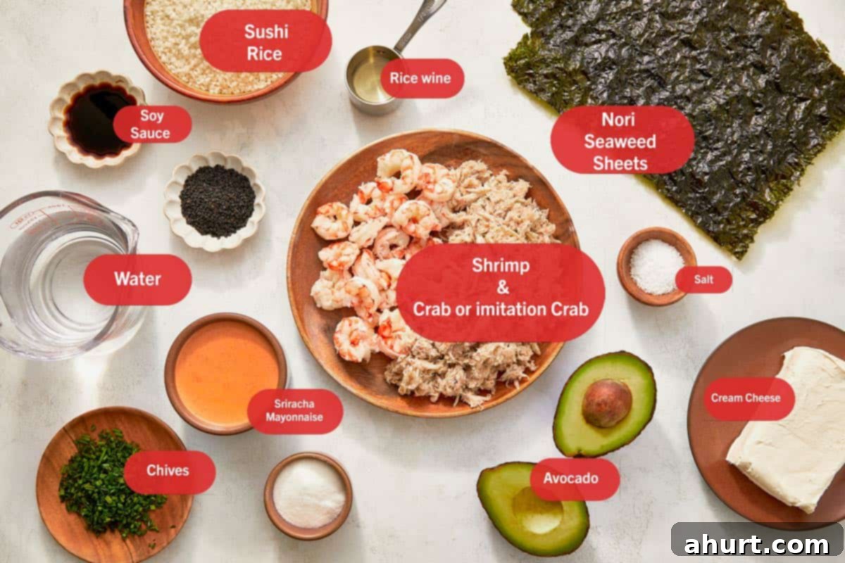 Easy At-Home Sushi Bake 3 Ingredients for sushi bake neatly arranged on a table, featuring rice, seaweed, fish, and colorful vegetables.