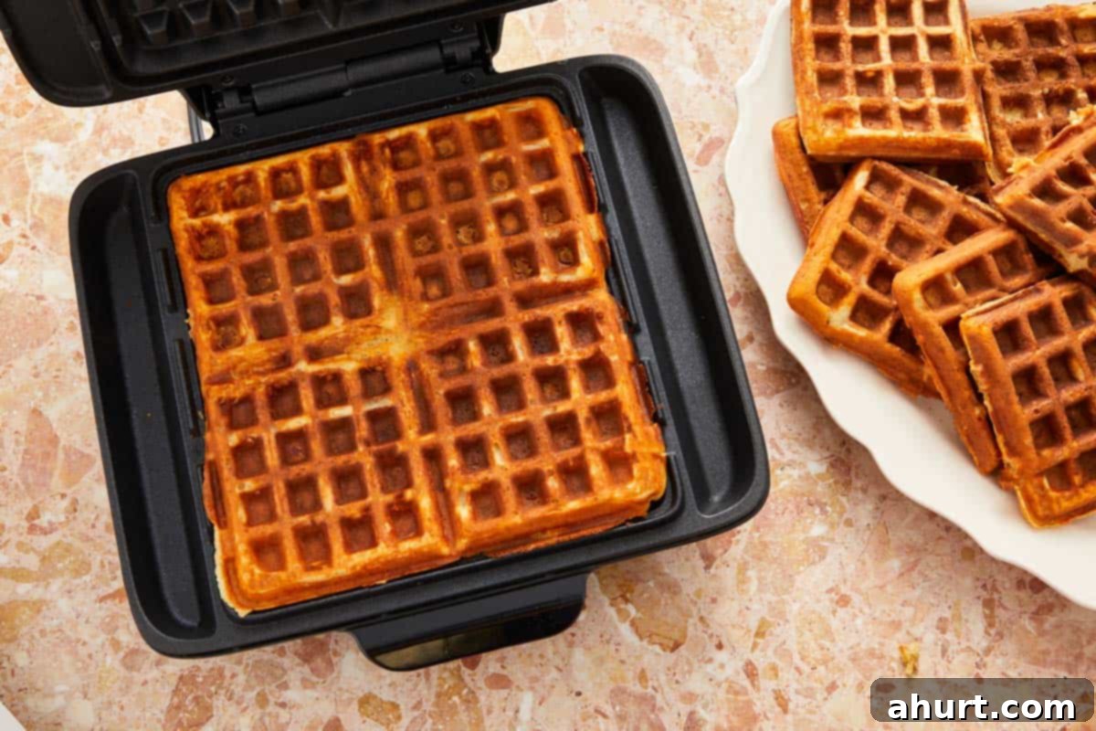 The Ultimate Paffles Waffle Pancake Perfection 8 A waffle maker with a freshly cooked waffle inside.
