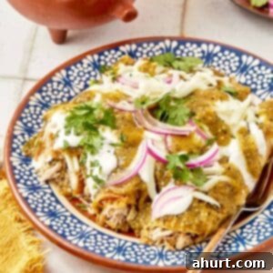 Green Enchiladas 11 Mexican chicken enchiladas with a blue spoon.