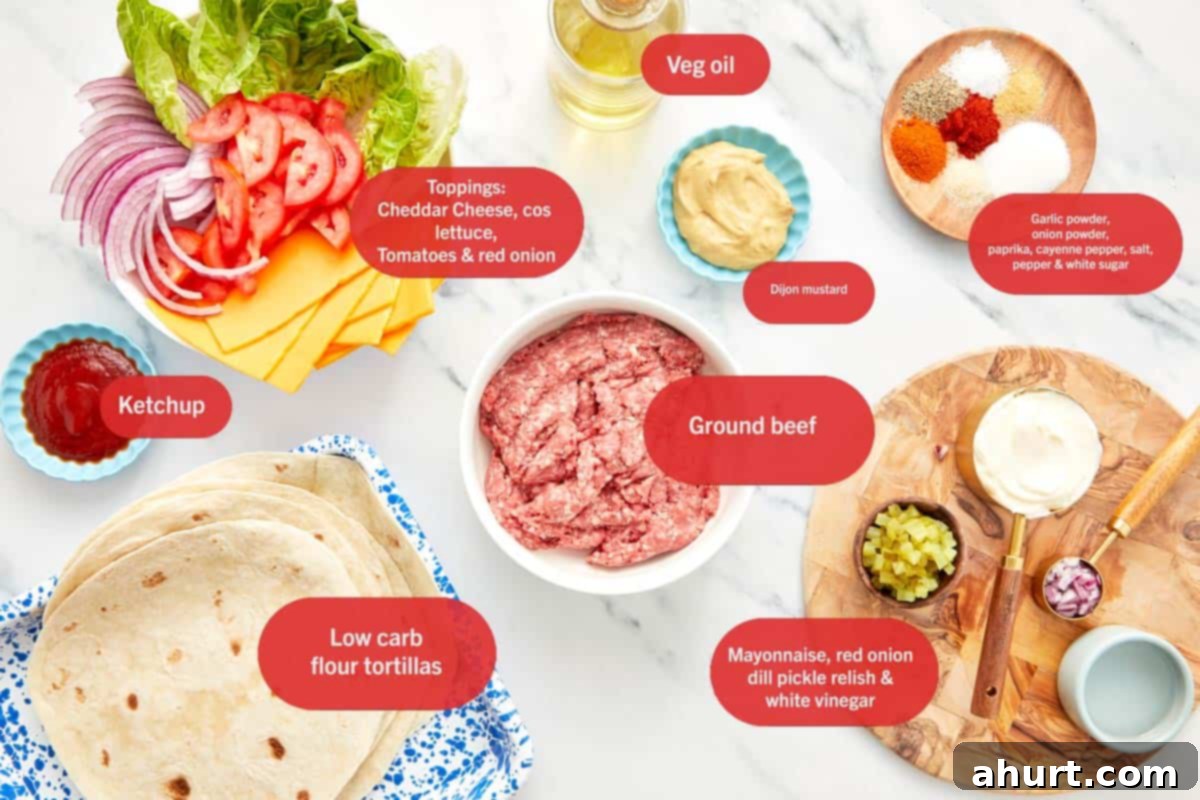 Smash Burger Taco Mashup 3 Flat lay of smash burger taco ingredients including ground beef, tortillas, cheddar cheese, and burger sauce components like mayo, ketchup, and relish.