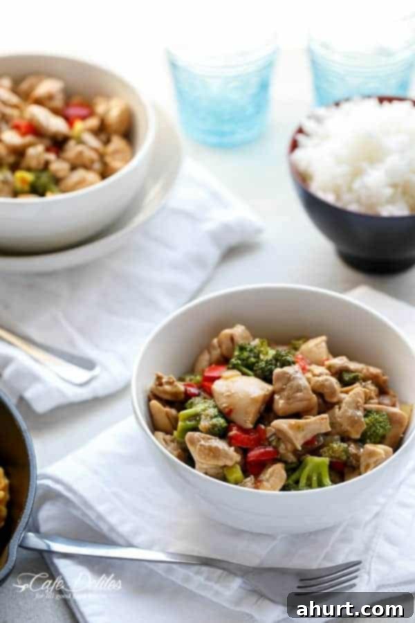 Sticky Hoisin Chicken and Broccoli Stir-Fry 6 Hoisin Chicken and Broccoli in a bowl and with a bowl of cooked rice